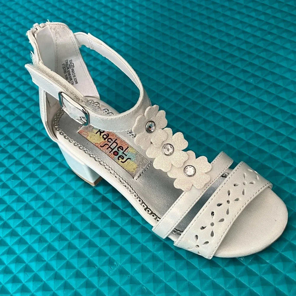 Rachel Shoes Carlee Ankle Strap Flower White Sandal Heels | 12